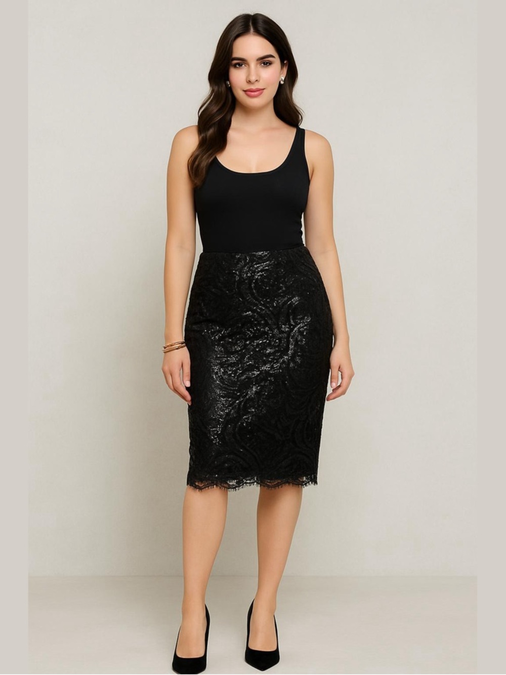 Lovesong Black Lacey Sequin Midi Skirt Size L NWT